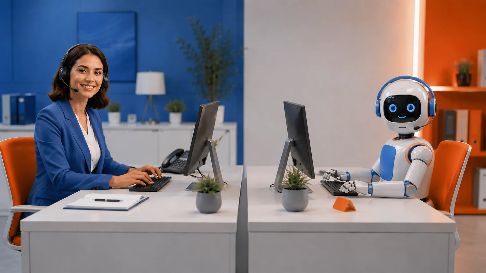 Segretaria umana e receptionist AI al lavoro affiancate nello stesso ufficio