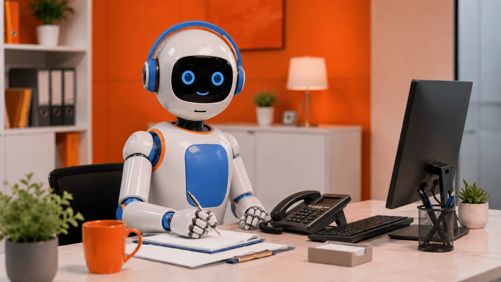 Assistente AI del centralino alla scrivania, con telefono e dashboard