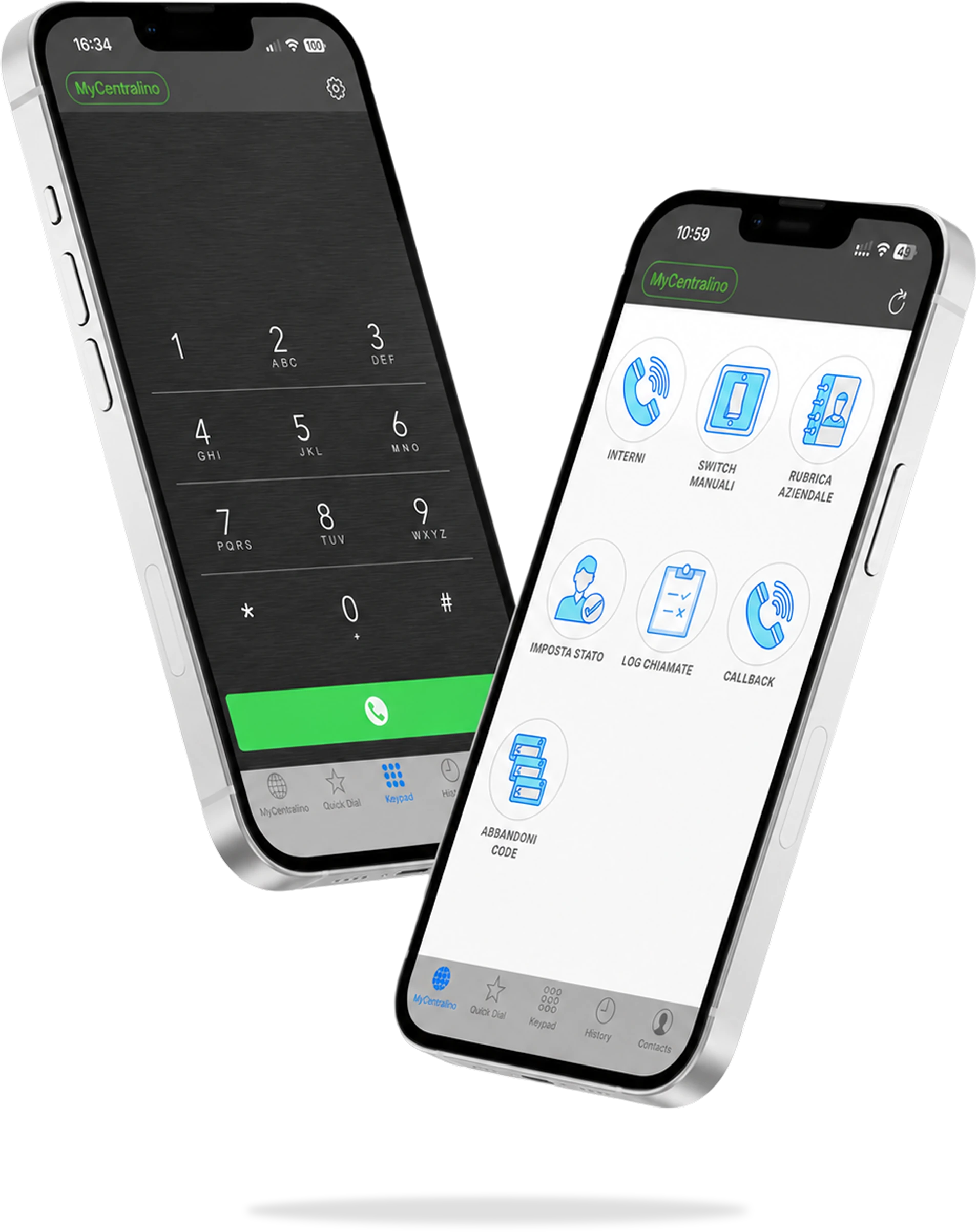L'app Cloud Softphone di MyCentralino su due smartphone: tastierino di chiamata e menu delle funzioni del centralino