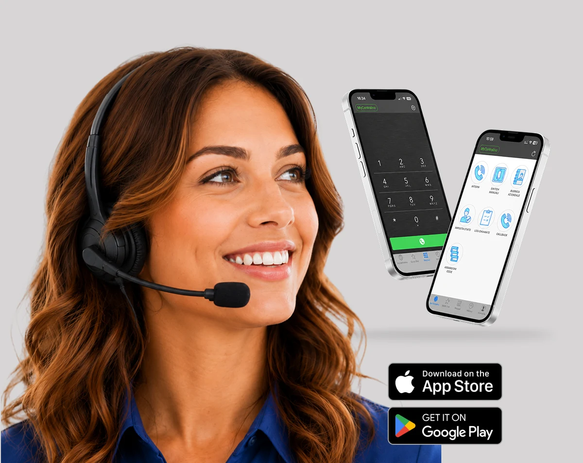 Operatrice con cuffia e l'app MyCentralino su due smartphone, con i badge di download App Store e Google Play