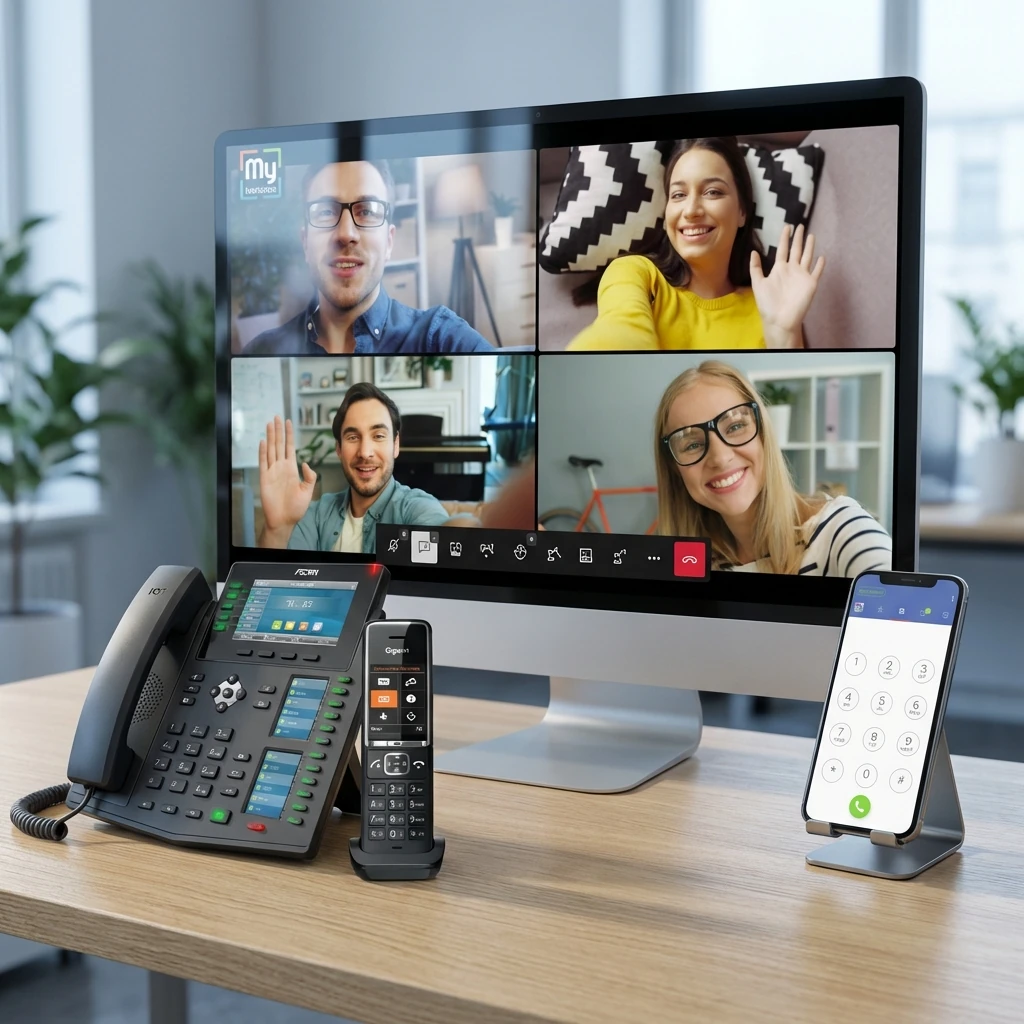 Postazione di un'agenzia immobiliare con MyCentralino attivo: videoconferenza sul monitor, telefono VoIP e smartphone