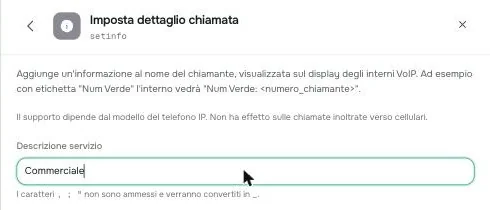 Il campo Descrizione servizio con il valore Commerciale