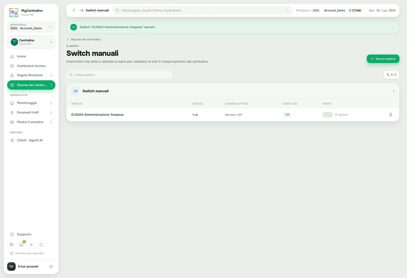 L'elenco degli switch manuali con lo switch collegato