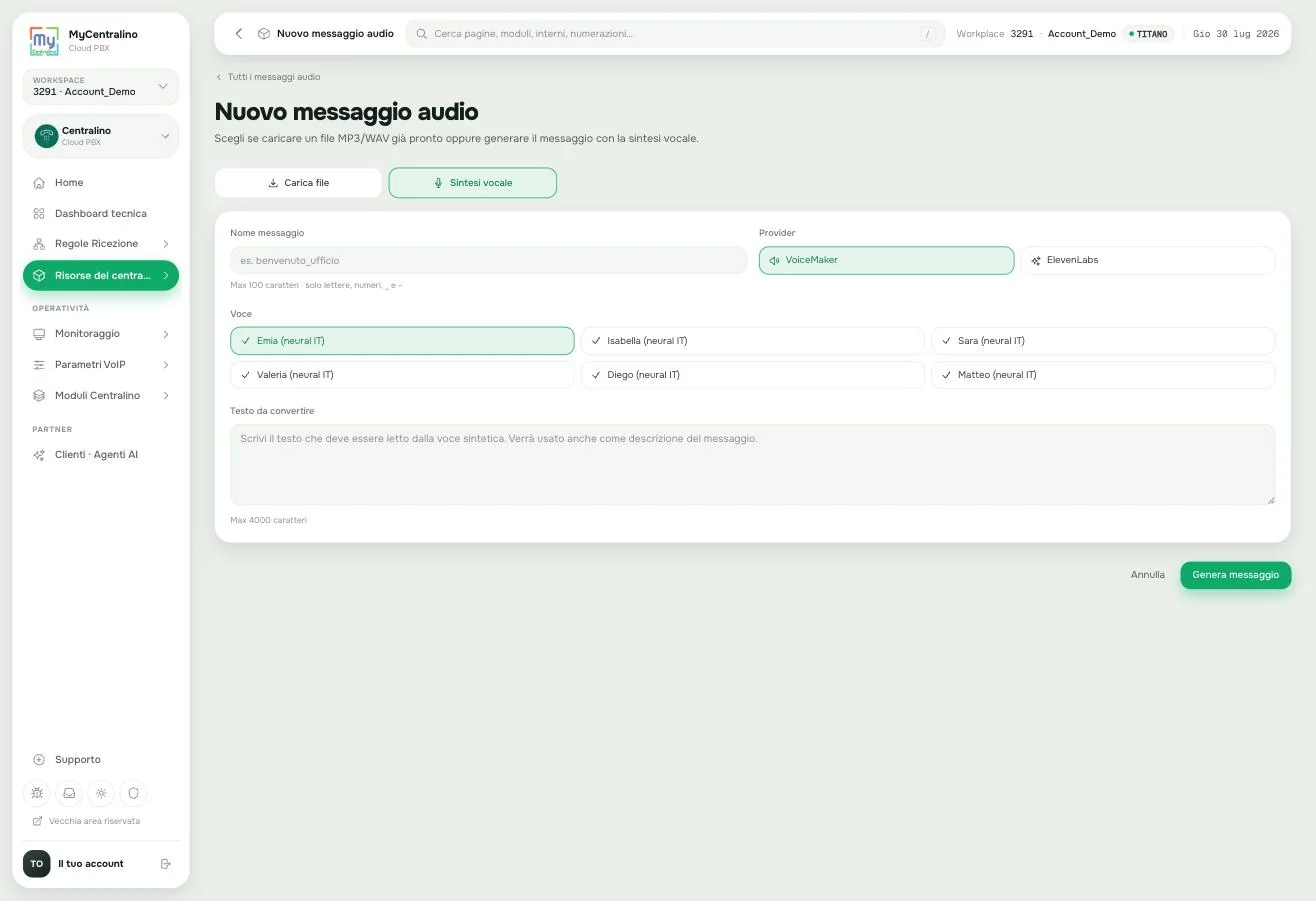 Il modulo di creazione di un nuovo messaggio audio