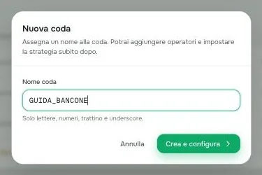 La finestra di creazione della coda