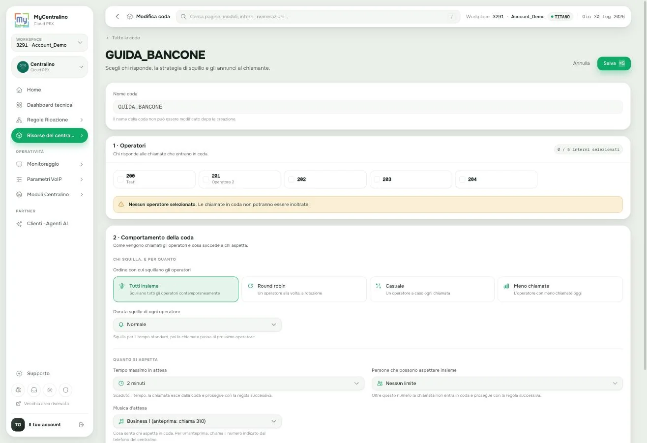 La configurazione della coda, appena creata