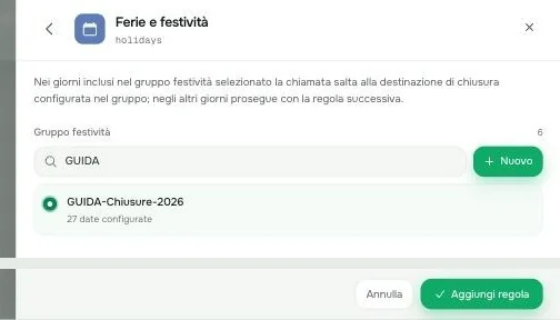 Selezione del gruppo festività nella regola