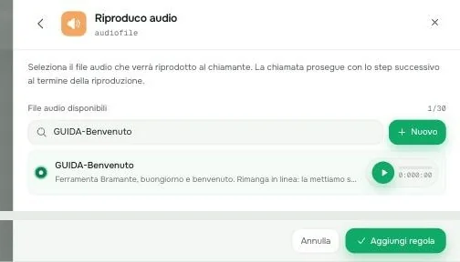 Selezione dell'audio di benvenuto