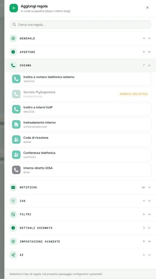 La categoria Chiama del catalogo regole