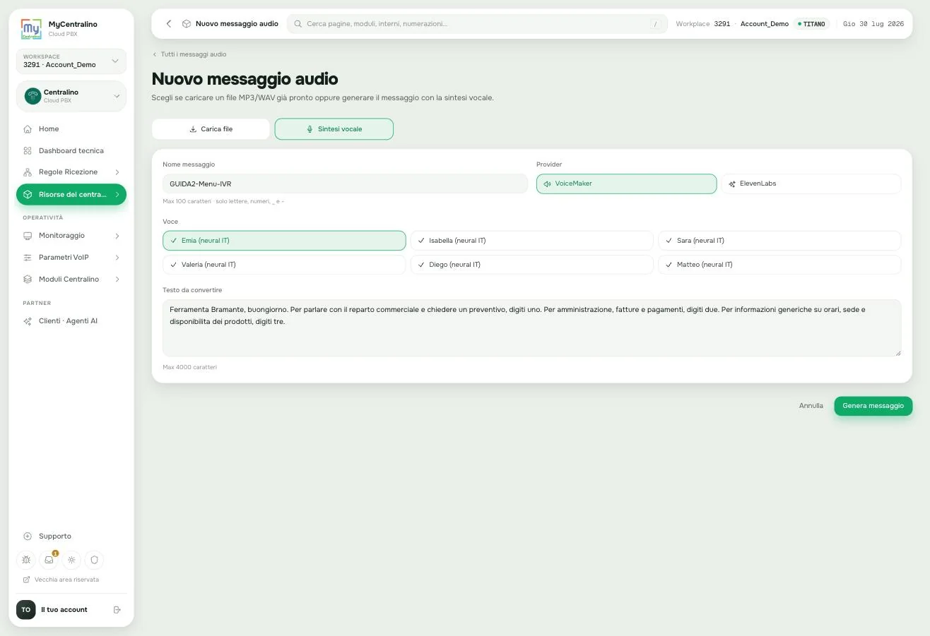 Il modulo di creazione dell'audio del menu