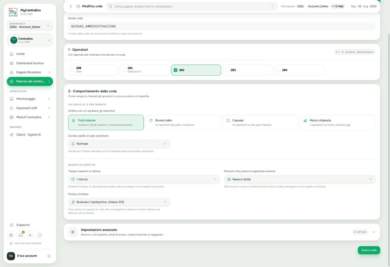 Configurazione della coda amministrazione