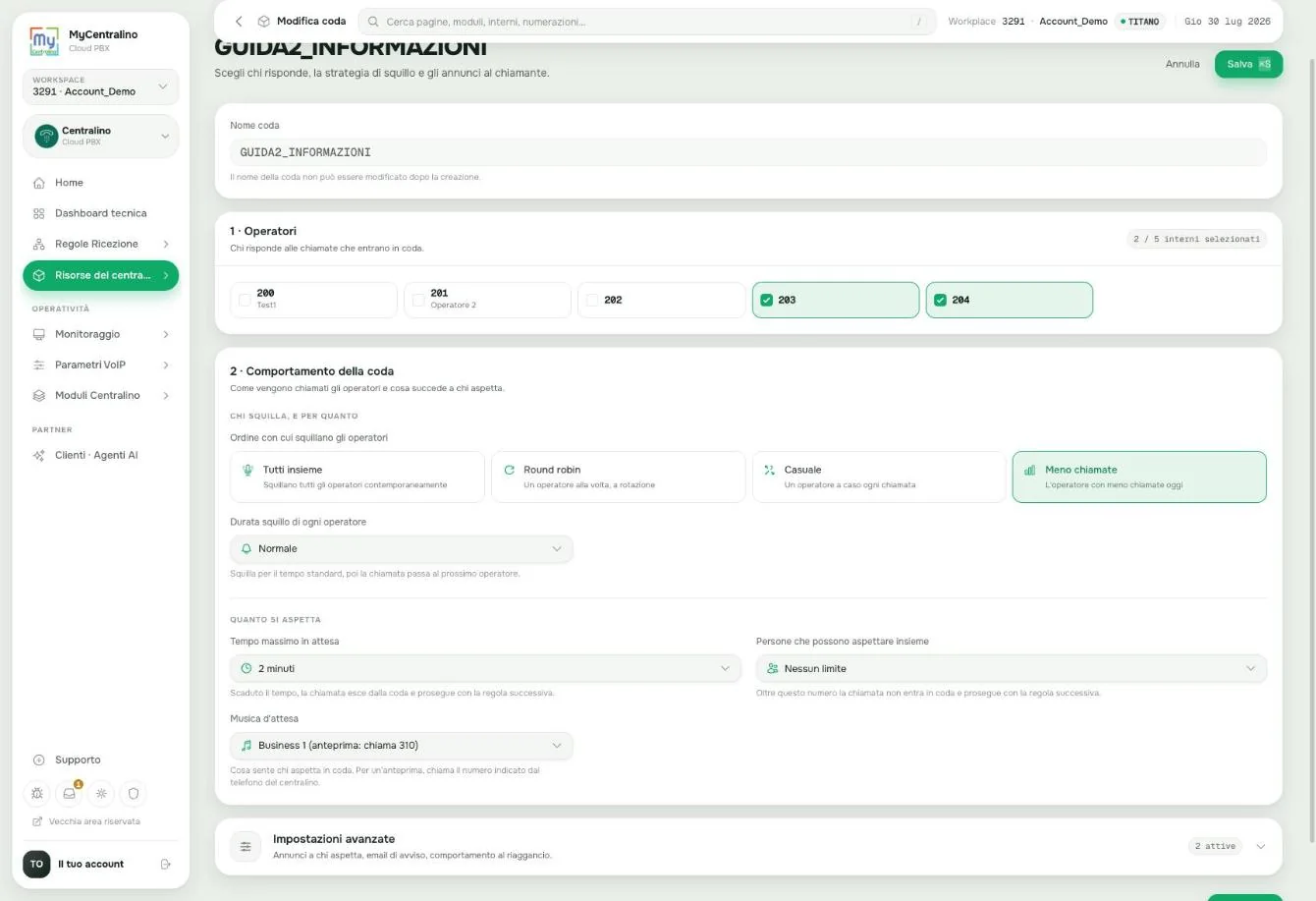 Configurazione della coda informazioni