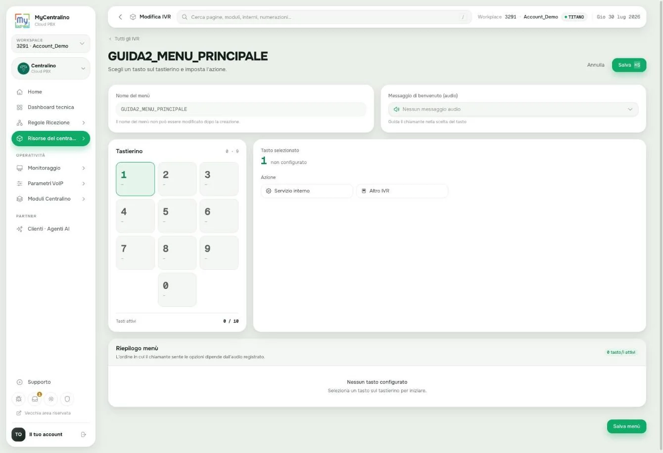 L'editor del menu vocale vuoto