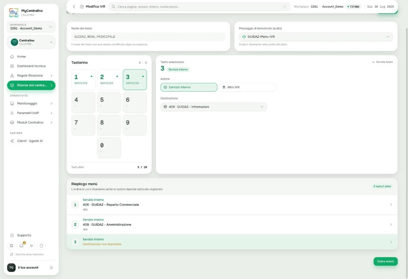 Il menu con i tre tasti configurati