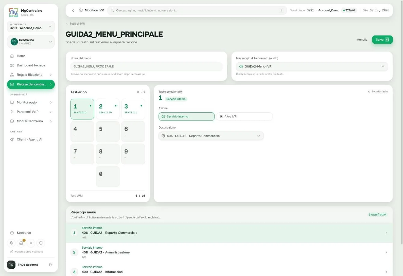 Il menu salvato con il riepilogo