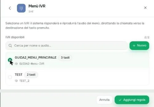 Selezione del menu IVR nella regola