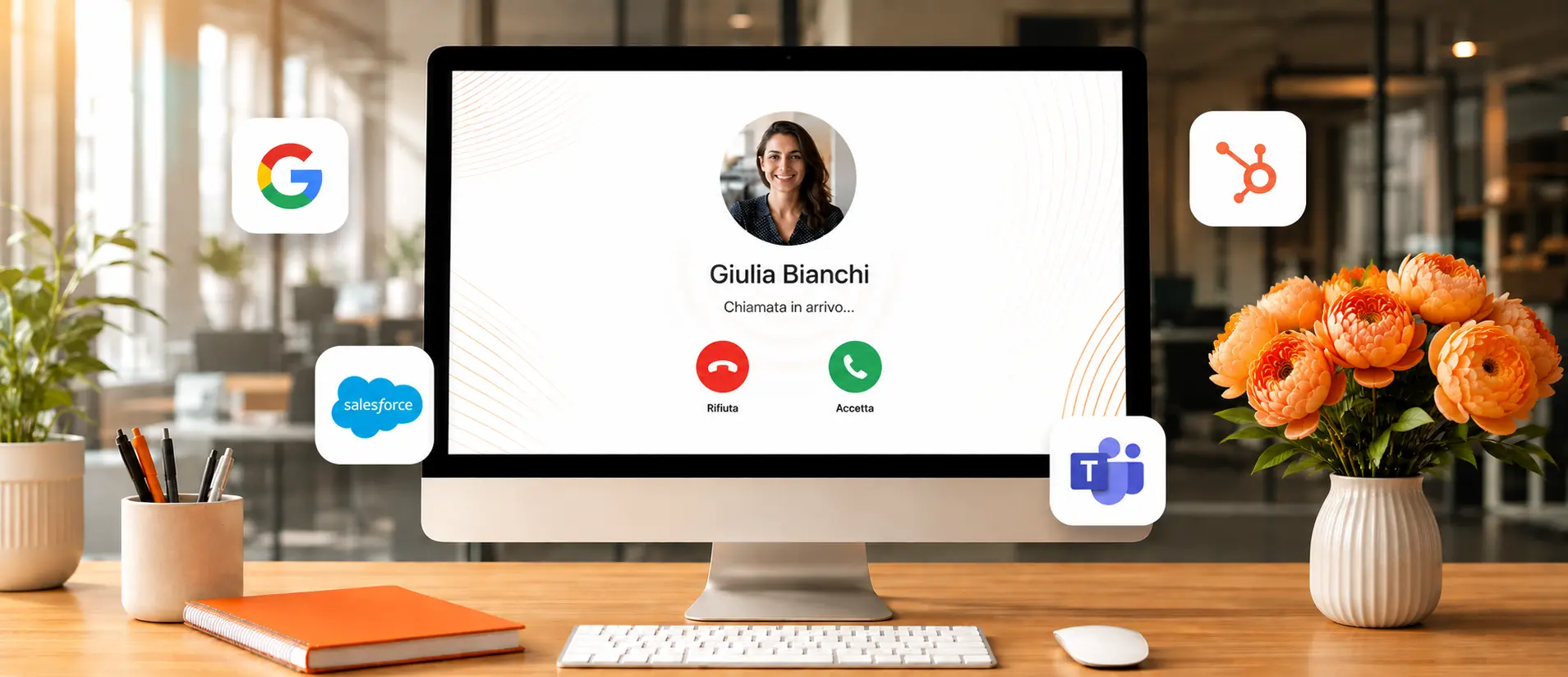 Chiamata in arrivo sul monitor MyCentralino con le app collegate: Google, Salesforce, HubSpot e Microsoft Teams