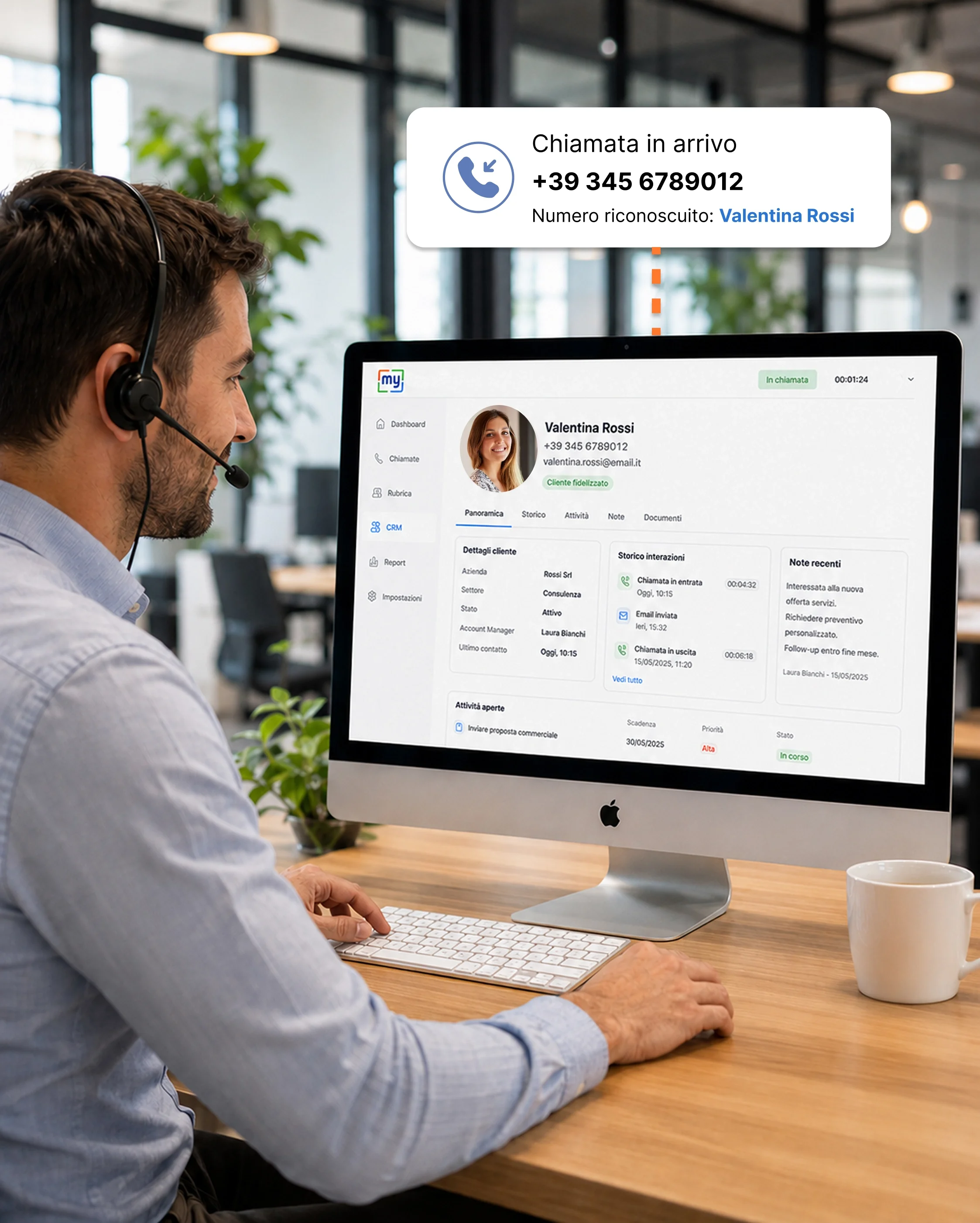 MyCentralino riconosce il numero e apre la scheda cliente nel CRM