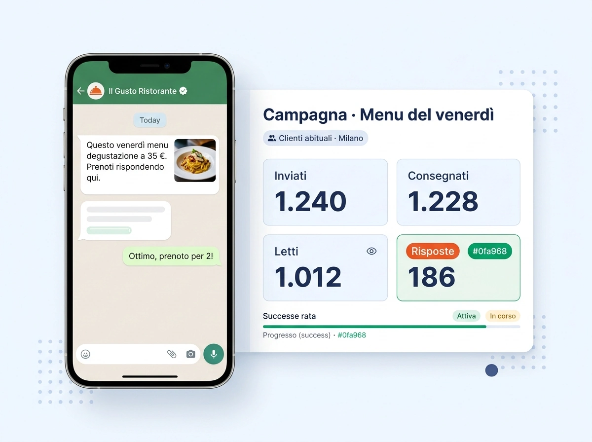 Campagna WhatsApp di un ristorante: il messaggio con il menu del venerdì sullo smartphone del cliente e le statistiche della campagna (inviati, consegnati, letti, risposte)