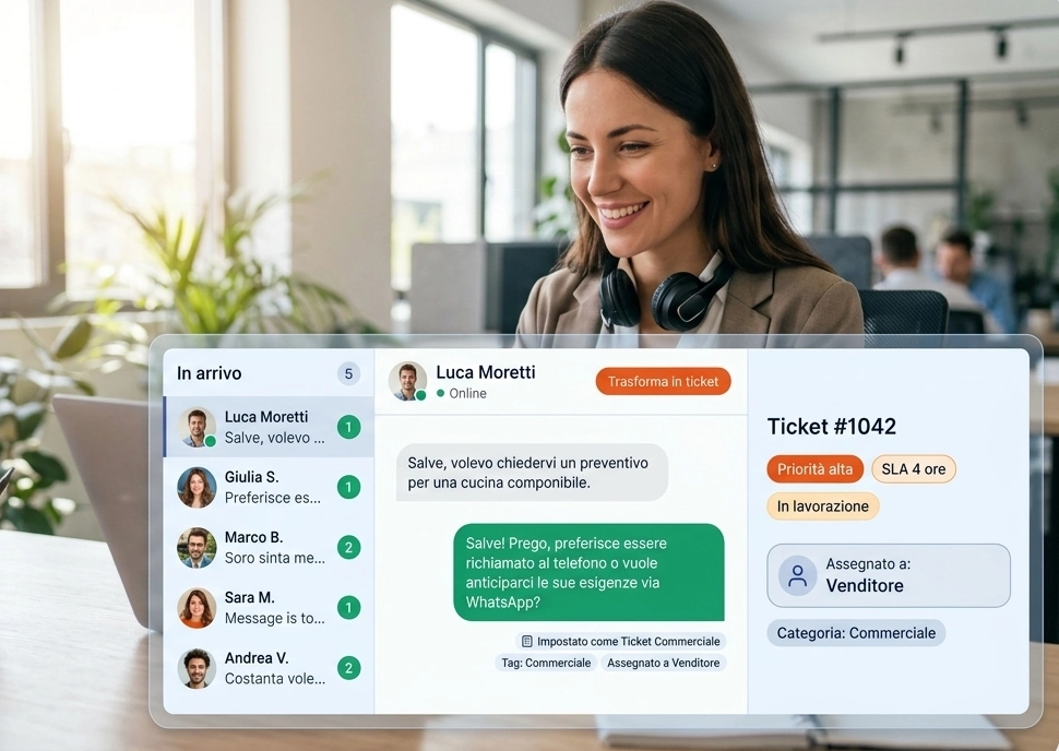 MyFlow — un'operatrice gestisce l'inbox WhatsApp condivisa: la chat di un cliente diventa il ticket #1042, con priorità, SLA e assegnazione
