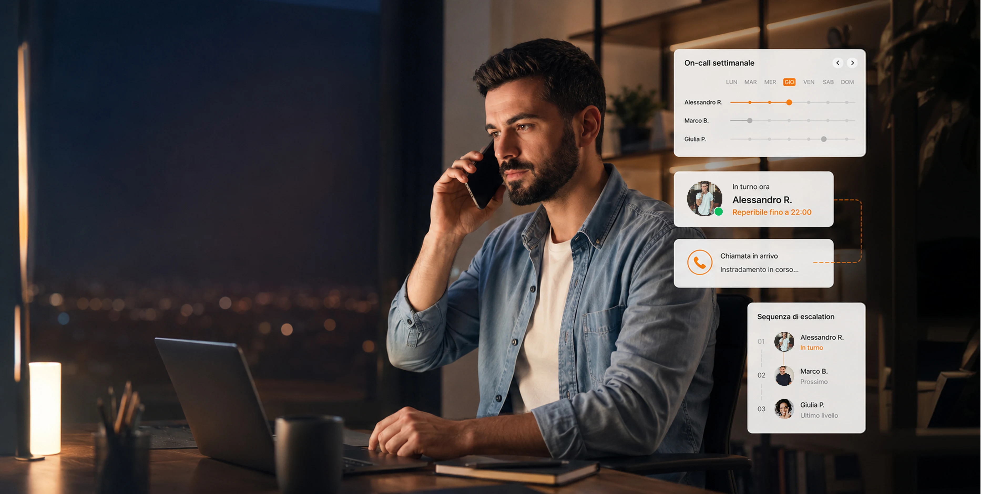 Reperibilità online — il responsabile della manutenzione riceve una chiamata fuori orario, accanto al calendario on-call settimanale, al reperibile in turno e alla sequenza di escalation