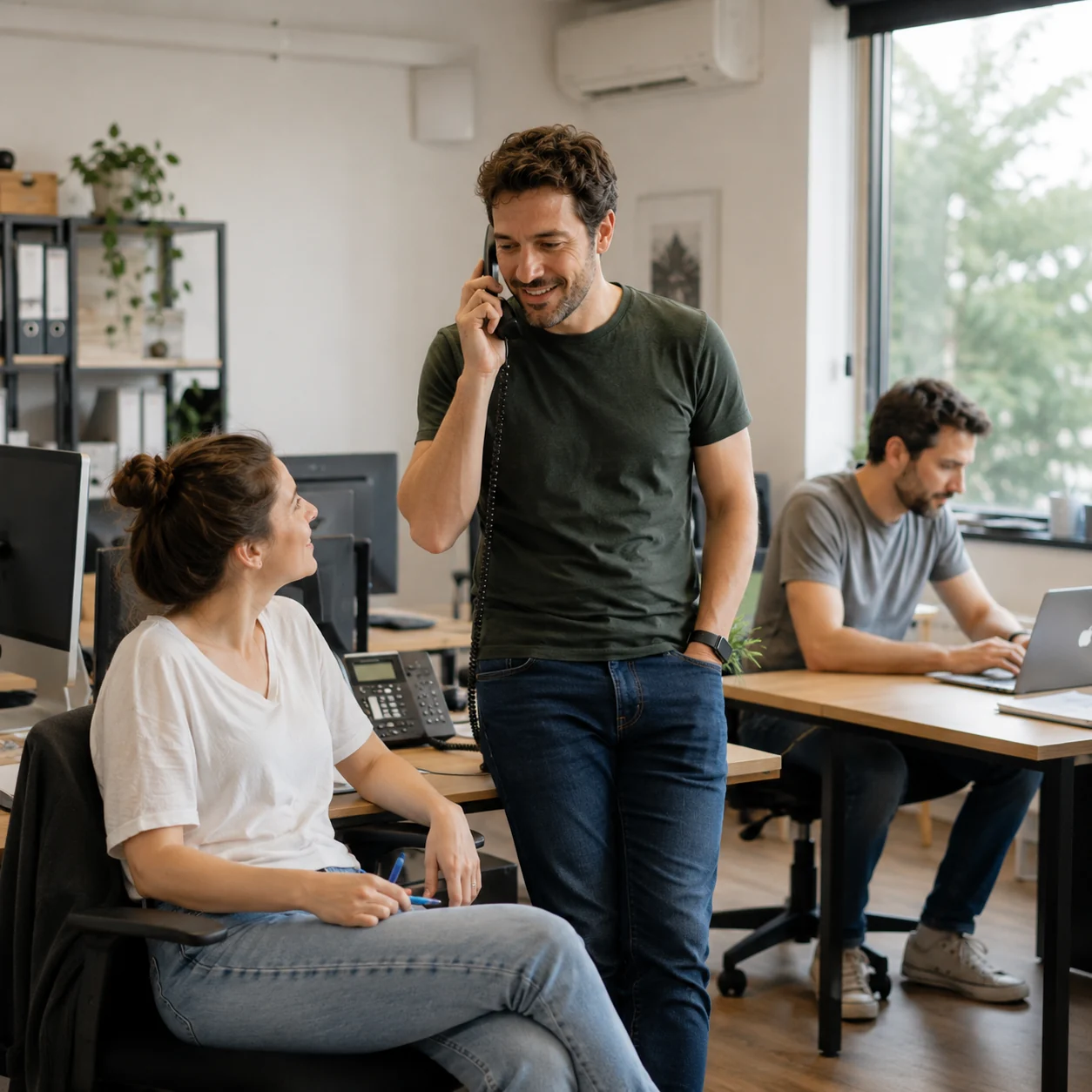 Ufficio di una piccola azienda: un uomo risponde al telefono VoIP da scrivania mentre una collega seduta lo ascolta e un terzo lavora al portatile