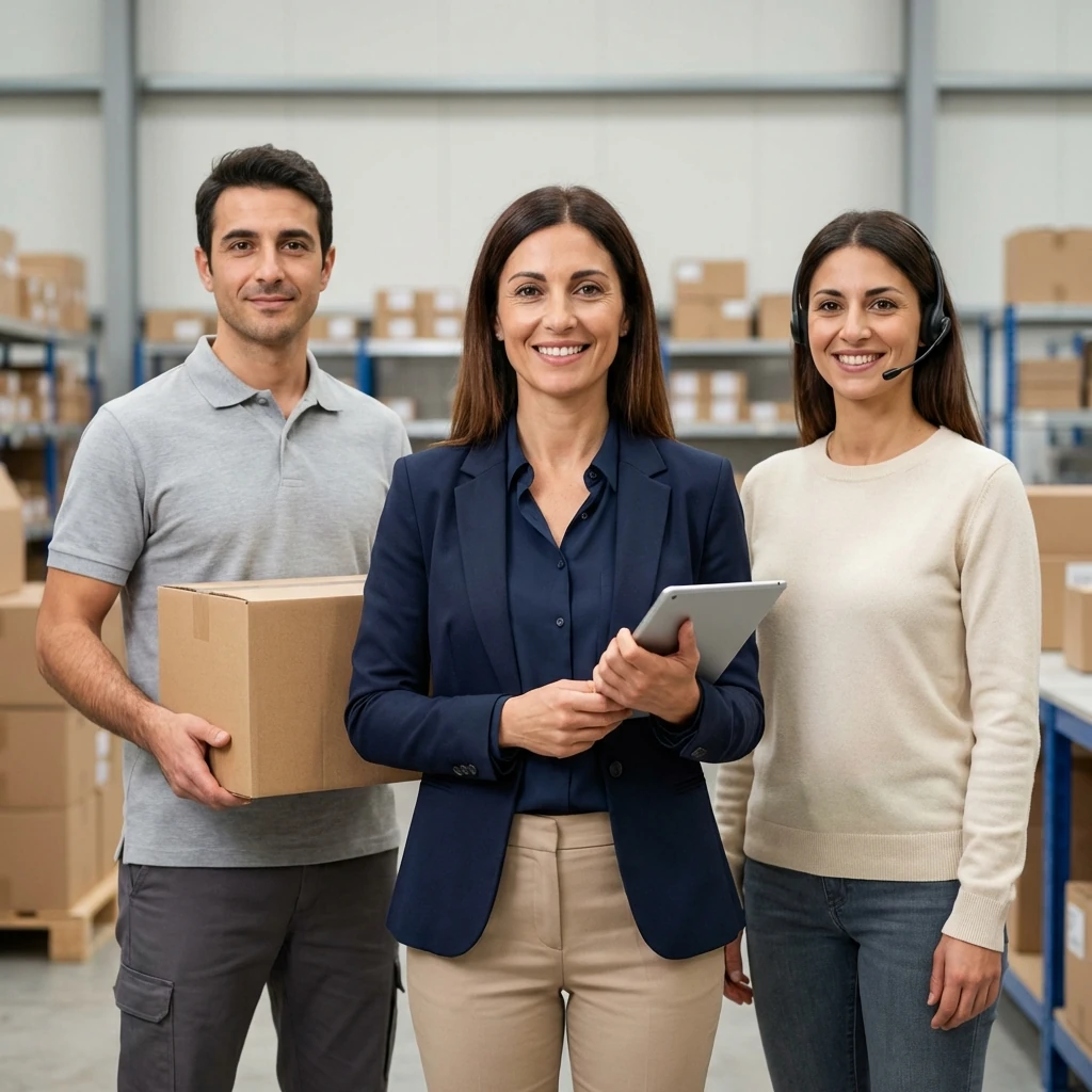 Team di un e-commerce — addetto al magazzino, responsabile customer care e operatrice davanti agli scaffali della logistica