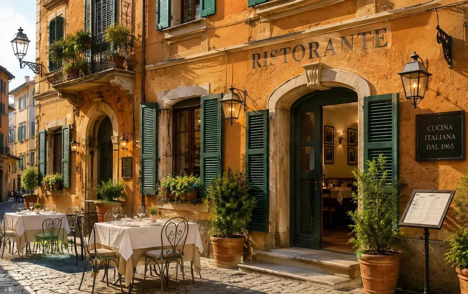 Facciata di un ristorante italiano con tavoli apparecchiati all'aperto e insegna Ristorante