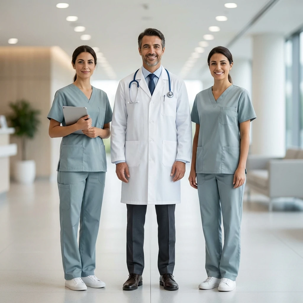 Team di uno studio medico — un medico e due infermiere nella sala d’attesa dell’ambulatorio