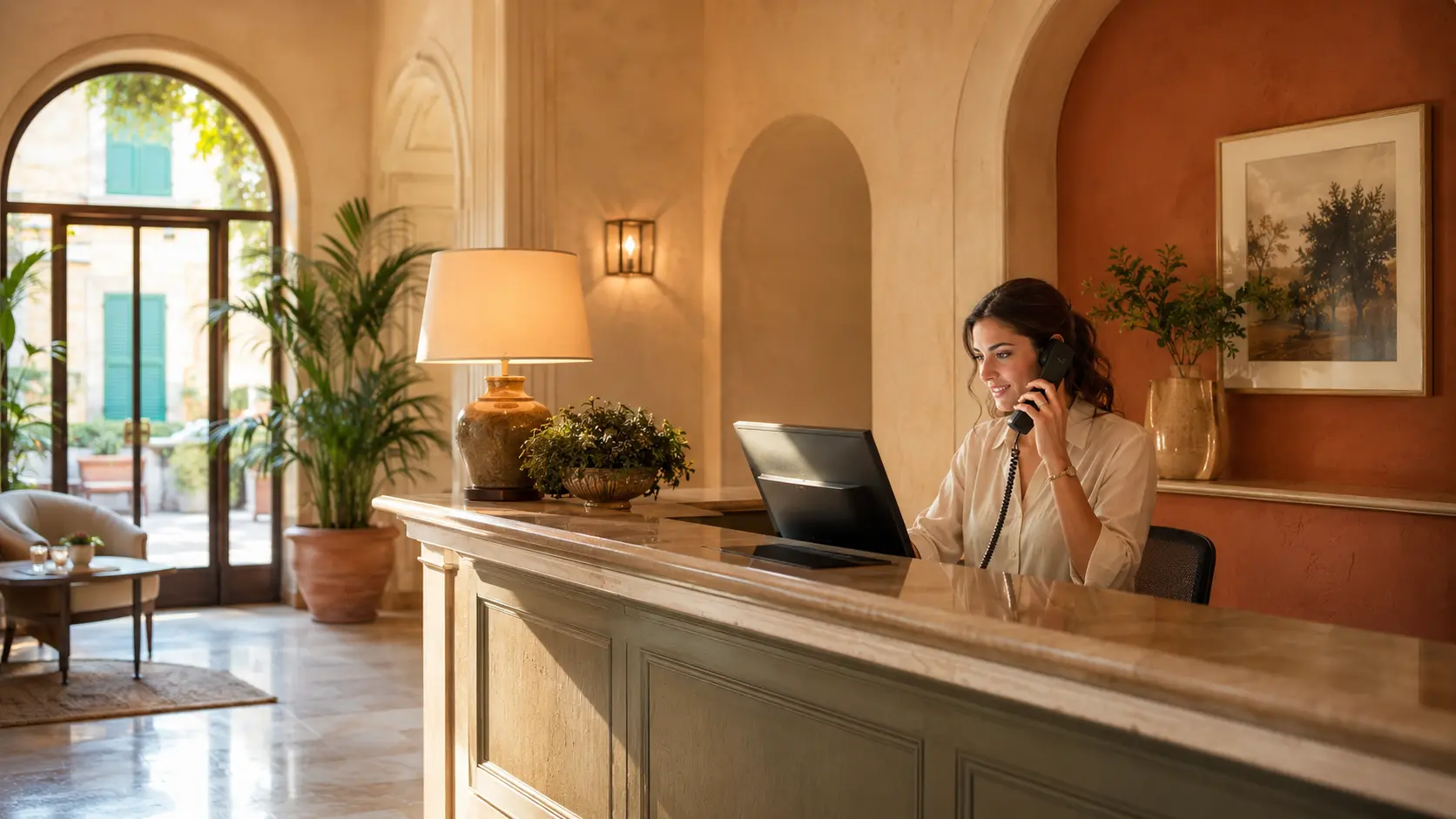 Receptionist di un hotel al banco della reception mentre risponde al telefono