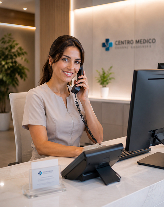 La receptionist di un centro medico risponde al telefono alla reception