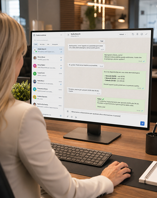 Un'operatrice risponde al cliente dall'inbox condivisa sul computer